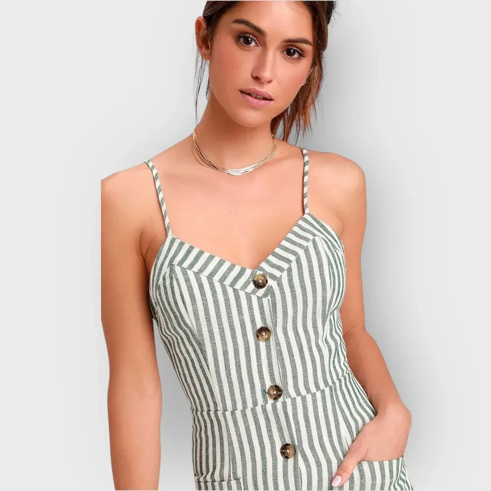 Lulus On The Pier Linen Blend Mini Dress Medium Green White Button Down Summer